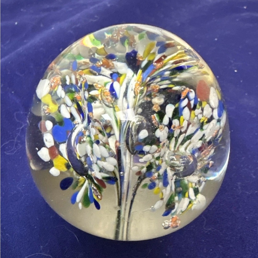 Vintage Art Glass Paperweight, Burst Of Color To Form Three Flowers 2" T